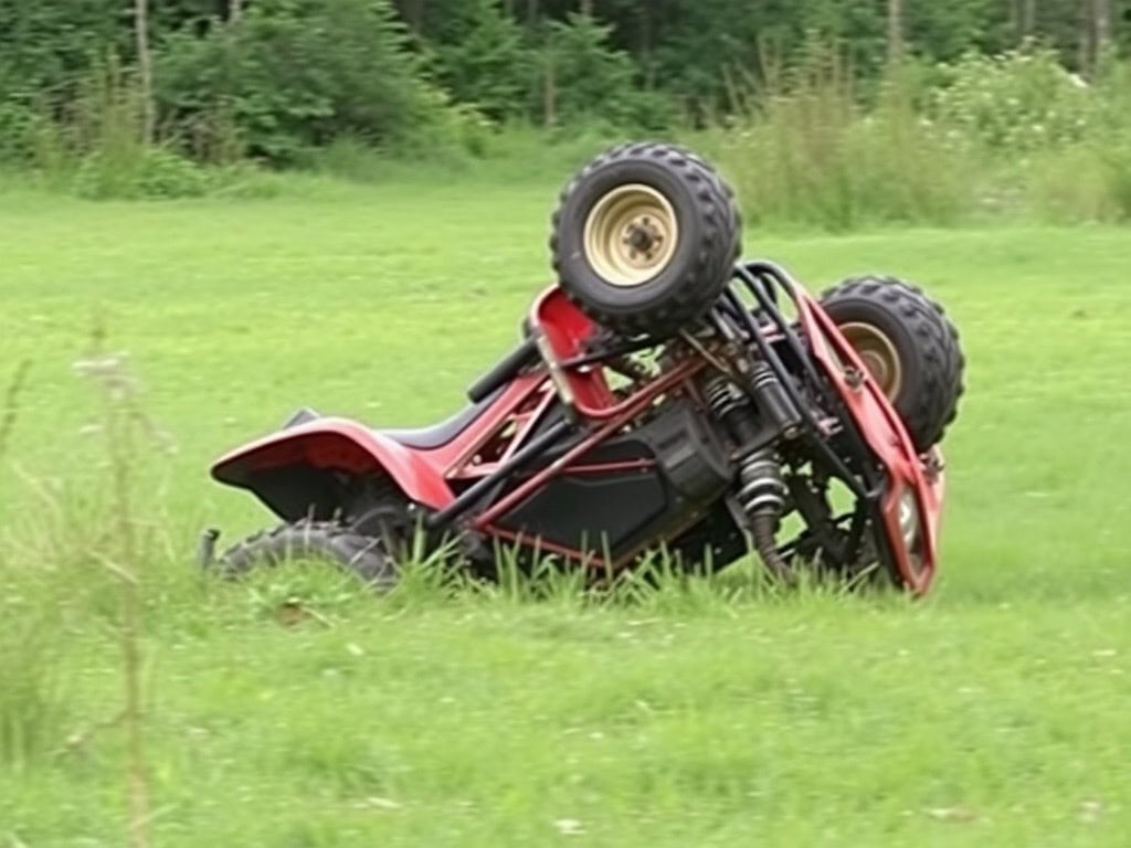 Overturned red ATV on grassy field with trees in the background, seeking justice? Reach out to a skilled Oakland County ATV accident attorney for expert legal help.