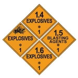 Orange hazard signs on a hazmat truck indicate different classes of explosives: 1.4, 1.5 blasting agents, and 1.6, with one featuring an explosion symbol, crucial for preventing a potential truck accident involving hazardous materials.