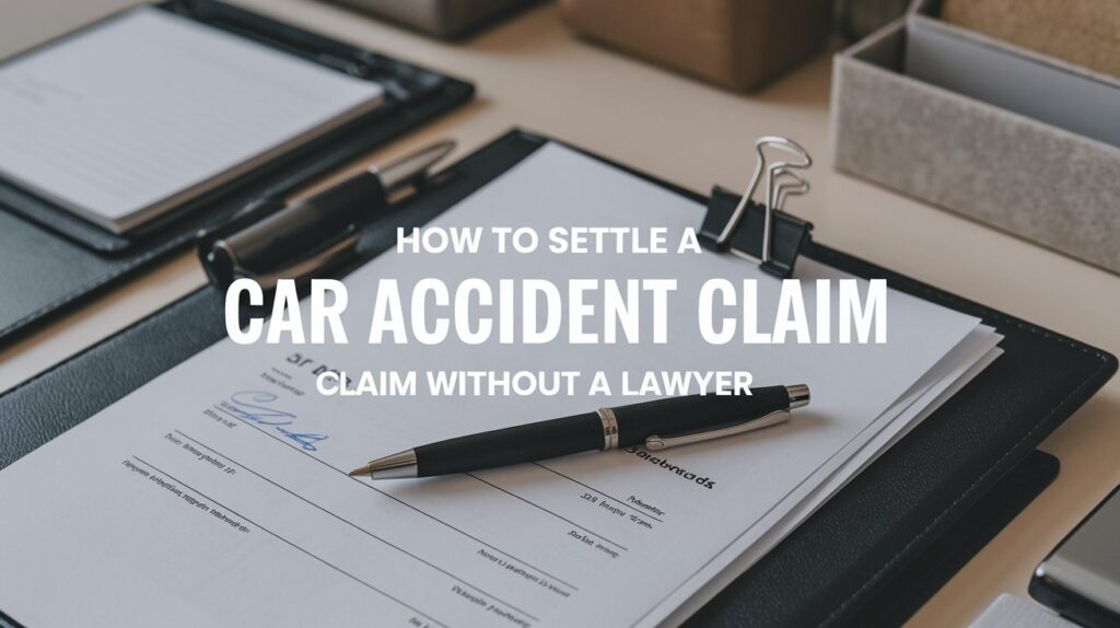 Clipboard with a pen and paper on a desk, featuring text: "How to Settle a Car Accident Claim Without a Lawyer." Learn how you can navigate your car accident claim independently.