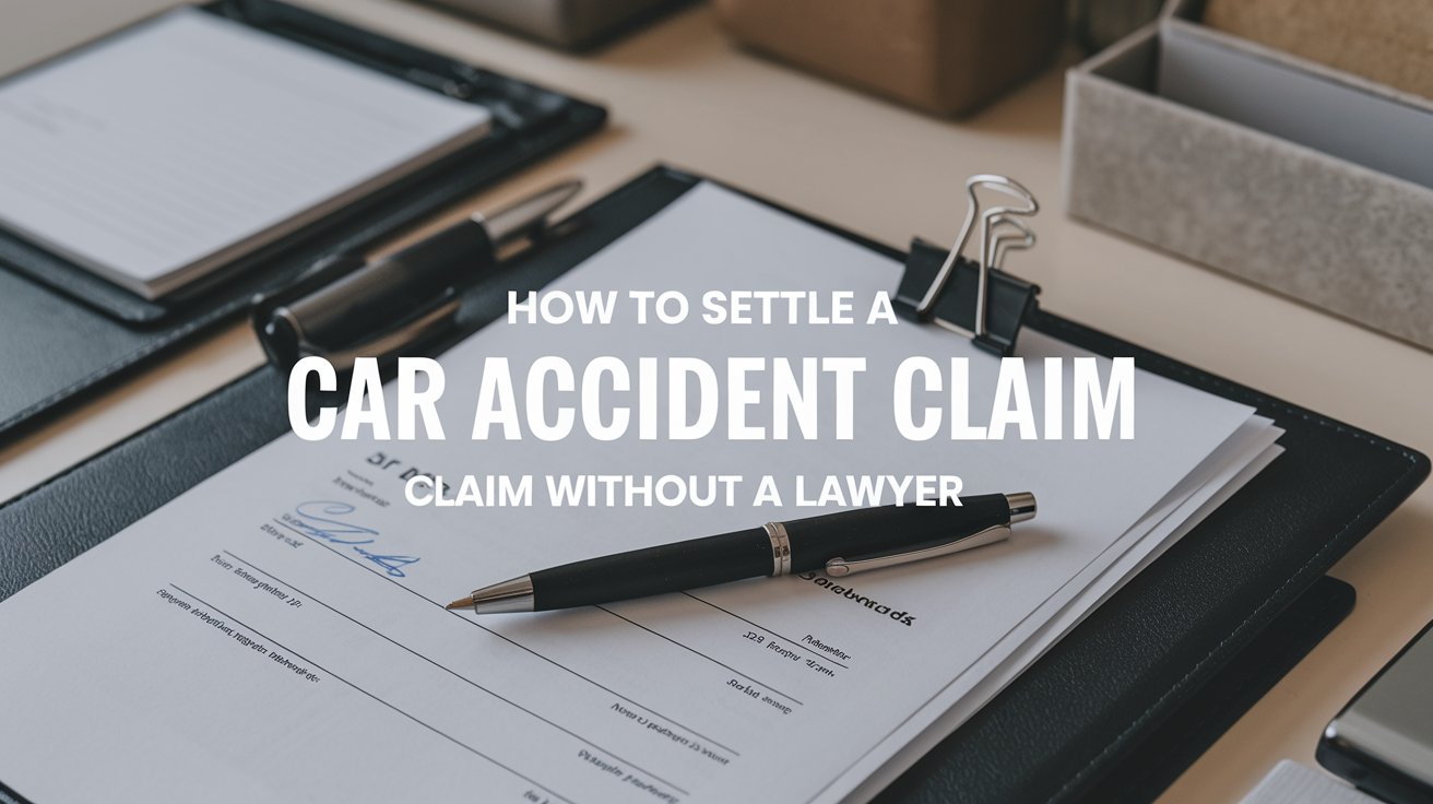 Clipboard with a pen and paper on a desk, featuring text: "How to Settle a Car Accident Claim Without a Lawyer." Learn how you can navigate your car accident claim independently.