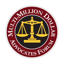 Emblem of the prestigious Multi-Million Dollar Advocates Forum showcasing a golden balance scale on a sleek black background, encircled by a bold red border bearing the organization's esteemed name.