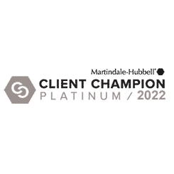 The Martindale-Hubbell Client Champion Platinum 2022 logo features a sleek hexagon and text, all rendered in a stylish monochrome design.