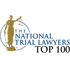 Logo of The National Trial Lawyers Top 100, showcasing a gold statue of Lady Justice holding scales beside blue text.