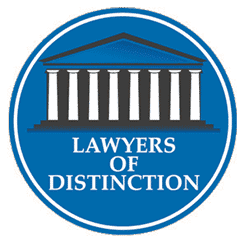 A blue circular logo features a white and black courthouse graphic proudly above the text "Lawyers of Distinction.