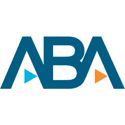 Logo of "ABA" with a blue triangle on the left and an orange triangle on the right.