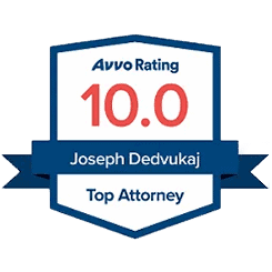 A badge proudly displaying an Avvo Rating of 10.0 for Joseph Dedvukaj, highlighting him as a Top Attorney.