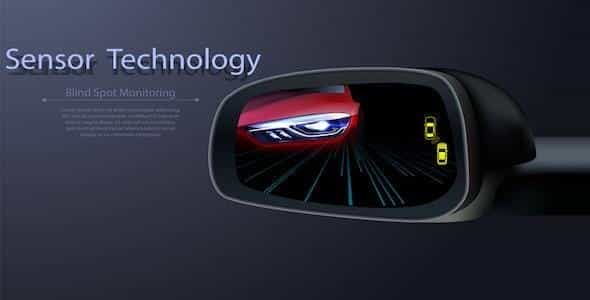 The car's side mirror showcases sensor technology, highlighting icons that signal a vehicle in the blind spot, helping to prevent unsafe lane changes.