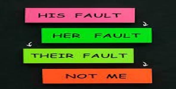 Four colored rectangles on a black background: "HIS FAULT" (pink), "HER FAULT" (green), "THEIR FAULT" (light green), and "NOT ME" (orange)—each with a downward arrow, illustrating the tangled web of blame often seen in car accident evidence.