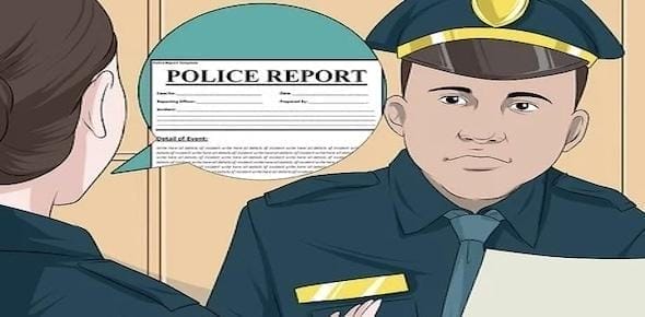 Illustration of a police officer attentively listening to a person while holding a Michigan Car Accident Report. A speech bubble showcases the detailed form, emphasizing the importance of accuracy in recounting events.