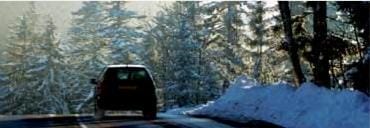 A car glides carefully along a snow-covered road, surrounded by snow-laden trees under a clear sky, reminding us of winter car accident statistics and the importance of cautious driving in cold weather conditions.