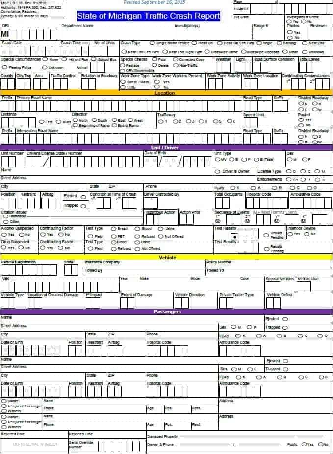 State of Michigan Traffic Crash Report form with fields for car accident details, driver information, vehicle specifics, and witness data.