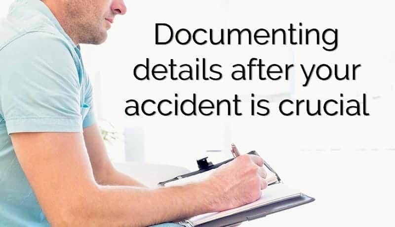 Person writing on clipboard with text: "Documenting details in your Personal Injury Journal after an accident is crucial.