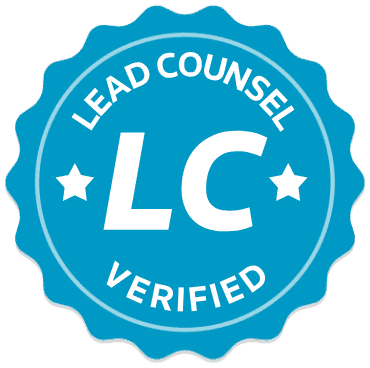 A blue badge with a scalloped edge proudly displays "Lead Counsel Verified" and the initials "LC" at its center, flanked by stars.