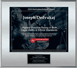 Plaque for the 2024 Martin-Hubbell Award, spotlighting Joseph Dedvukaj for achieving the highest possible ratings in legal ability and ethical standards.