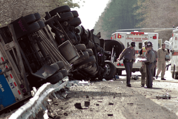 An overturned truck on the highway has left debris scattered, while emergency responders and police assess the scene near an ambulance. If you're involved, contacting a truck accident injury attorney can help guide you through the aftermath.