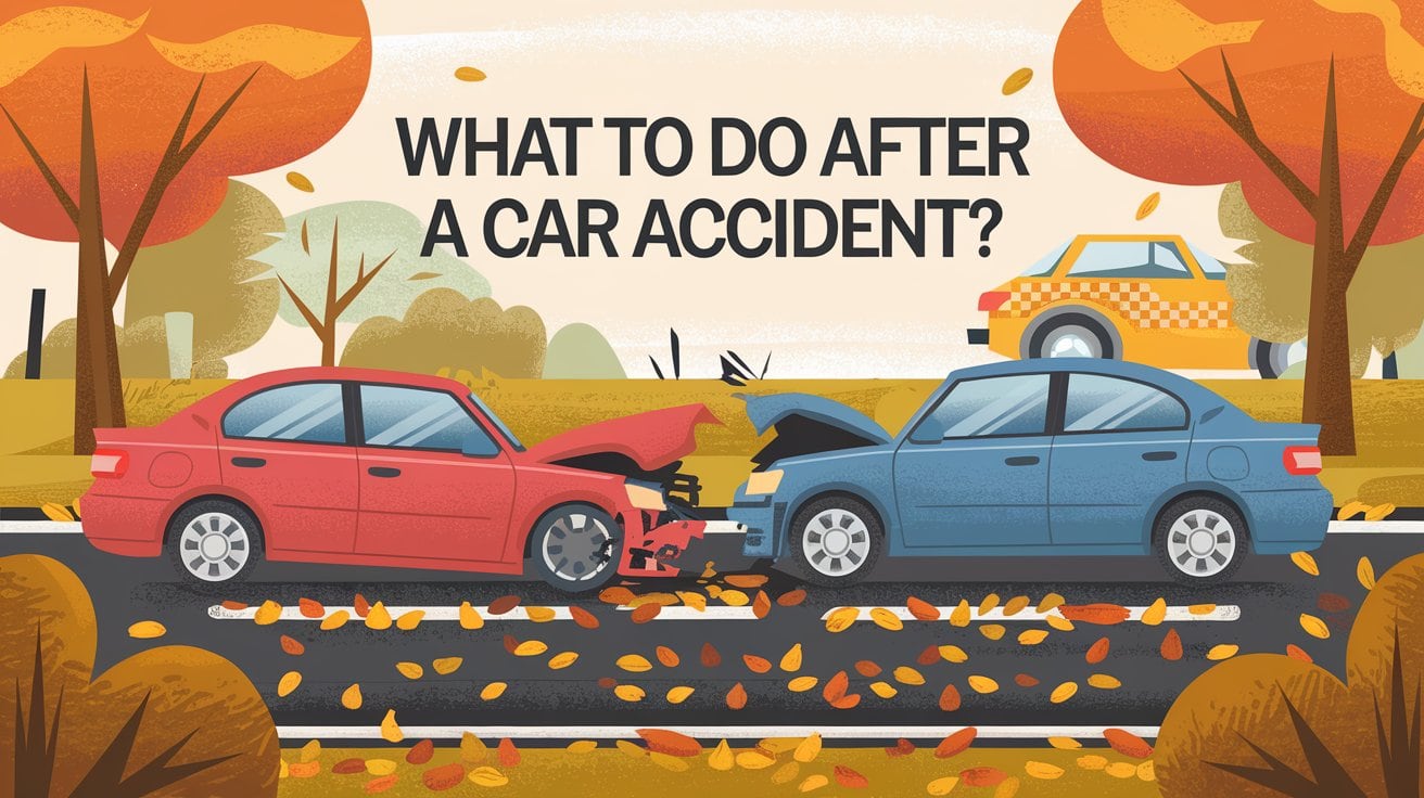 Illustration of two cars in a front-end collision on a leafy road, with a tow truck in the background. The text "What to do after a car accident?" appears above, offering insights from an expert lawyer for navigating the aftermath effectively.