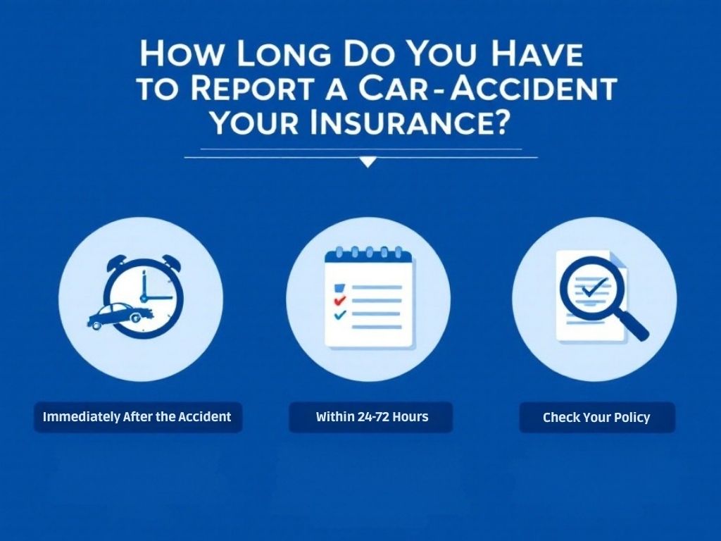 The infographic explores how quickly you should submit a car accident report to insurance, offering options like immediately, within 24-72 hours, or after checking your policy.