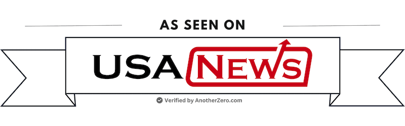 Banner with "As Seen On USA News" in bold text, featuring a red outlined box around "News" and decorative ribbons on each side.