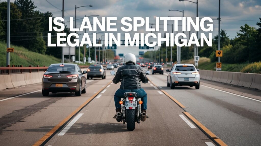 A motorcyclist rides between lanes of traffic on a multi-lane highway with the text “Is lane splitting legal in Michigan” overlaid, highlighting questions about Lane Splitting Michigan and how it fits within Michigan motorcycle laws.