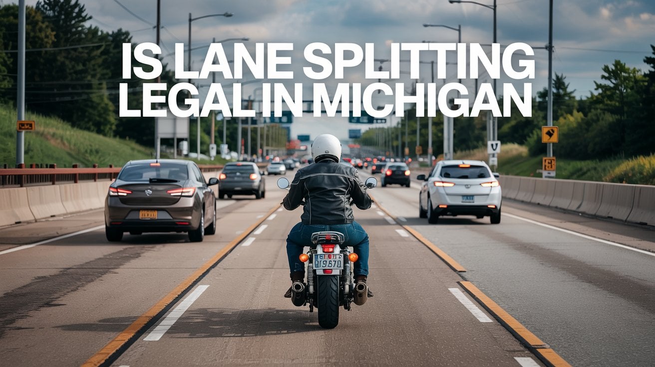 A motorcyclist rides between lanes of traffic on a multi-lane highway with the text “Is lane splitting legal in Michigan” overlaid, highlighting questions about Lane Splitting Michigan and how it fits within Michigan motorcycle laws.