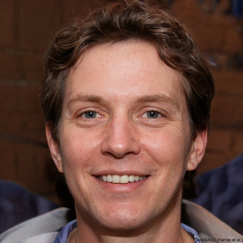 A person with short, wavy light brown hair and blue eyes is smiling at the camera, wearing a light-colored shirt and standing in front of a dark background.