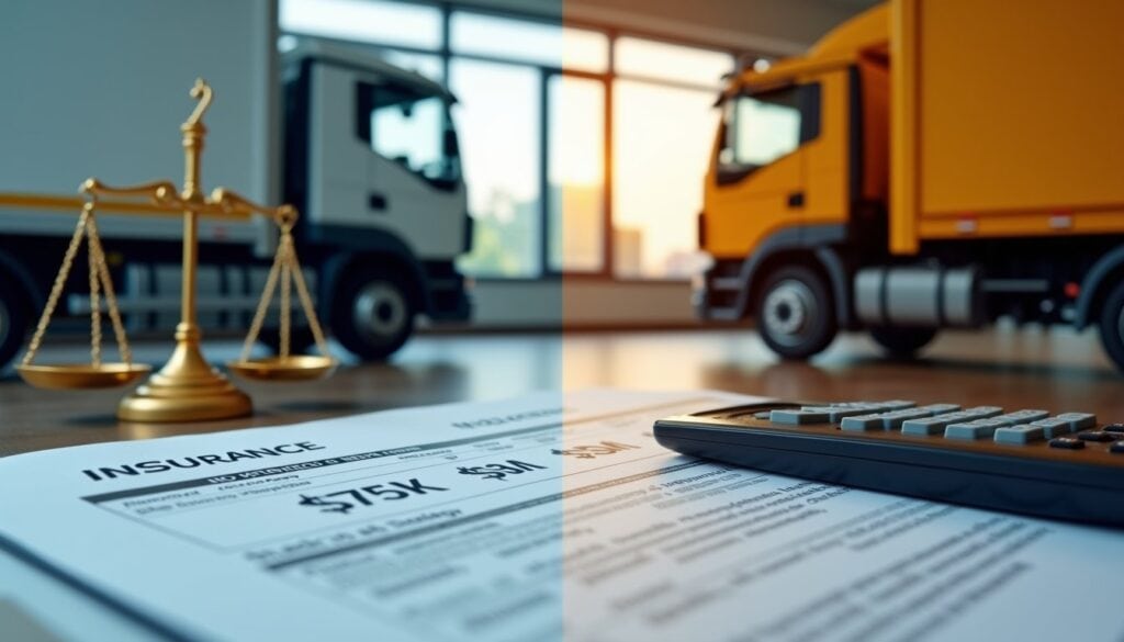 A close-up of insurance documents and a calculator on a desk, with a scale and two trucks in the background, symbolizing commercial vehicle insurance for Michigan Hazmat Truck Accidents.