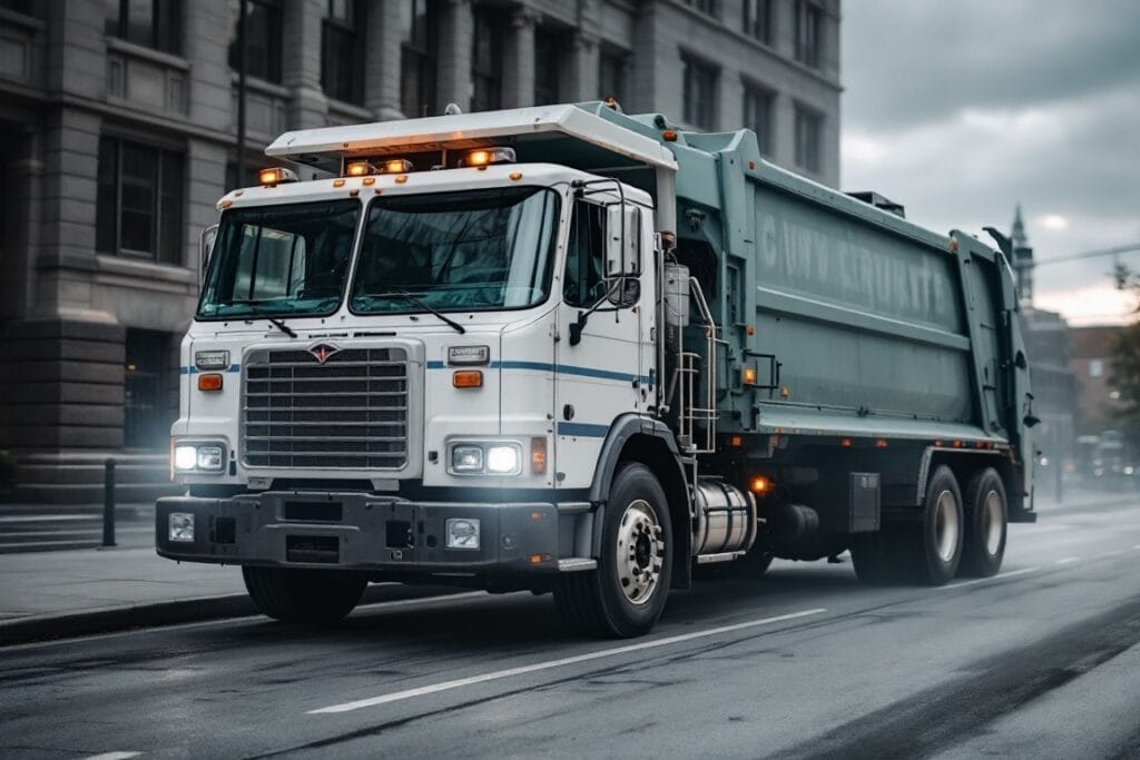 A large green garbage truck drives down a city street in Michigan on a cloudy day, with buildings visible in the background—an important scene for a Garbage Truck Accident Lawyer Michigan.
