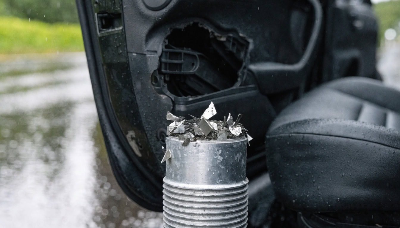 Defective Takata airbag inflator showing metal shrapnel damage in Michigan product liability lawsuit