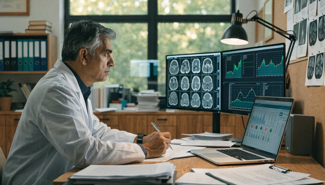 Medical expert reviewing diagnostic imaging and test results showing missed diagnosis in Michigan medical malpractice case