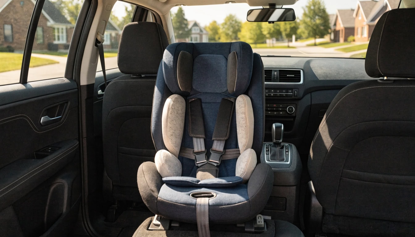 Rear-facing car seat installation showing proper positioning for Michigan child passenger safety