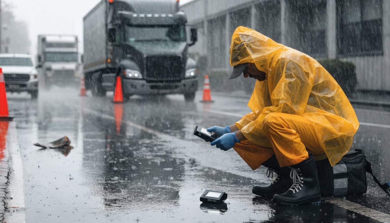 Truck accident investigator examining black box data and electronic logging device from commercial vehicle