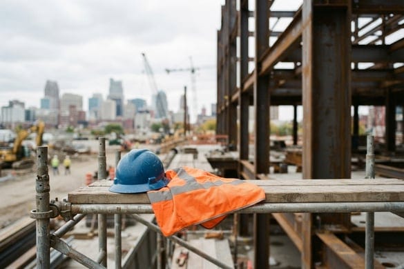 Construction site safety gear and scaffolding, representing construction accident claims