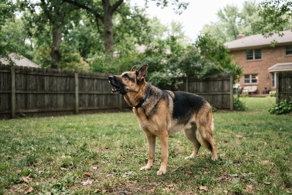 Alert German Shepherd barking in a fenced yard, representing dog bite injury claims