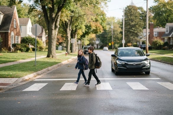 Children crossing at a marked crosswalk as a car waits, illustrating pedestrian safety