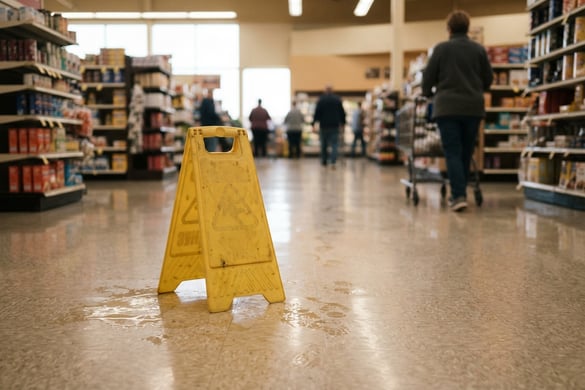 Wet floor caution sign on a store floor, representing premises liability hazards