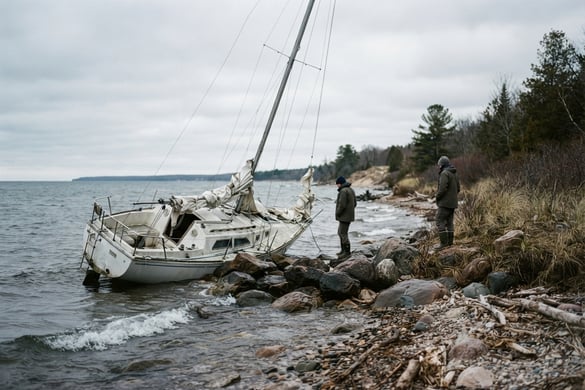 Partially submerged sailboat leaning on shoreline rocks after a sailing accident