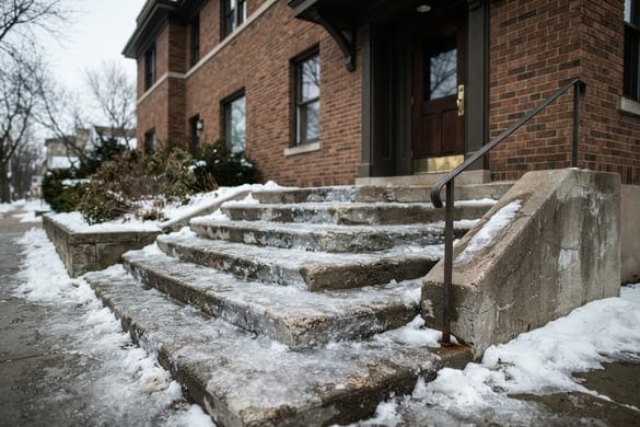 Icy outdoor steps with a handrail, a common slip and fall hazard in Michigan winters