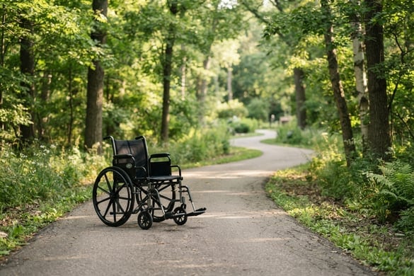 Wheelchair on an accessible sunlit park path, representing Social Security Disability support