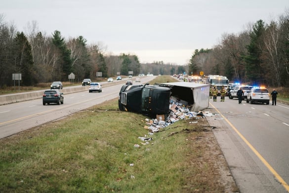 Overturned semi truck on a Michigan highway with debris and emergency responders on scene